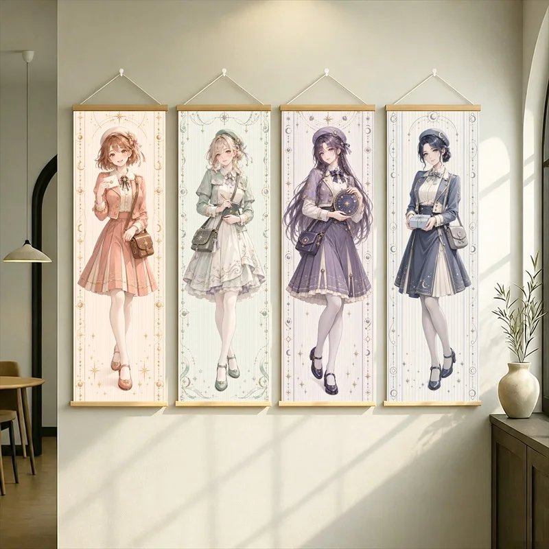 Anime Girls Hanging Scroll with Peach, Sage, Violet and Slate Dresses in a Soft Floral Illustration Style for a Bedroom