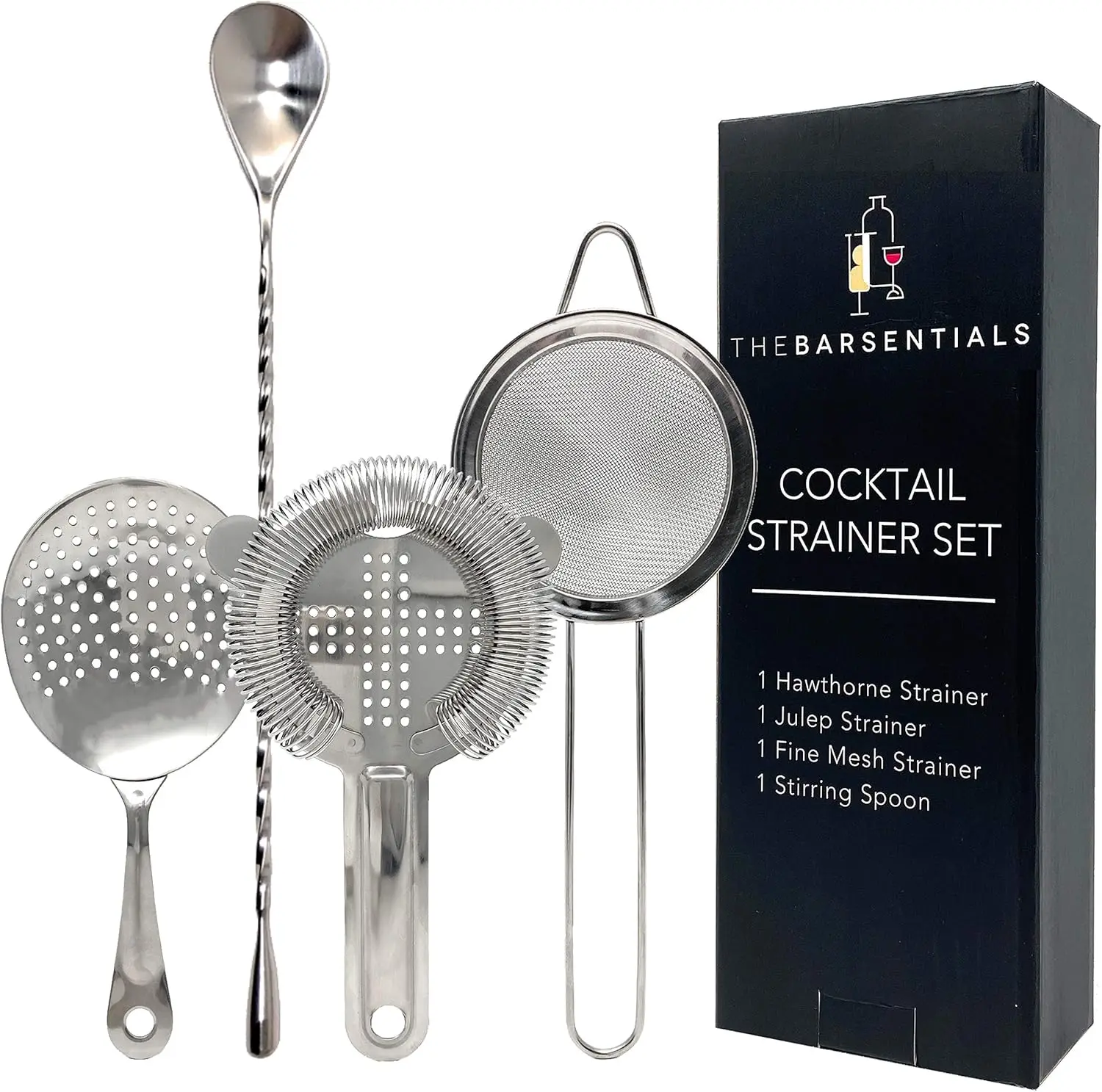 

Cocktail Strainer Set Stainless Steel Bar Tools with Stirring Spoon - Hawthorne, Julep, & Fine-Mesh Sifter for Drinks