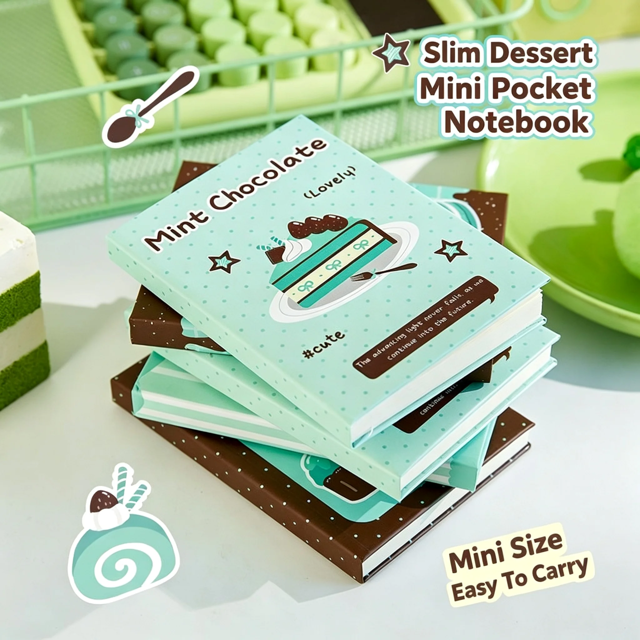 Mint Dessert Pocket Notebook Ins Aesthetic Cute Mini Hardcover Journal Smooth Thick Paper Portable Handy For Pencil Case
