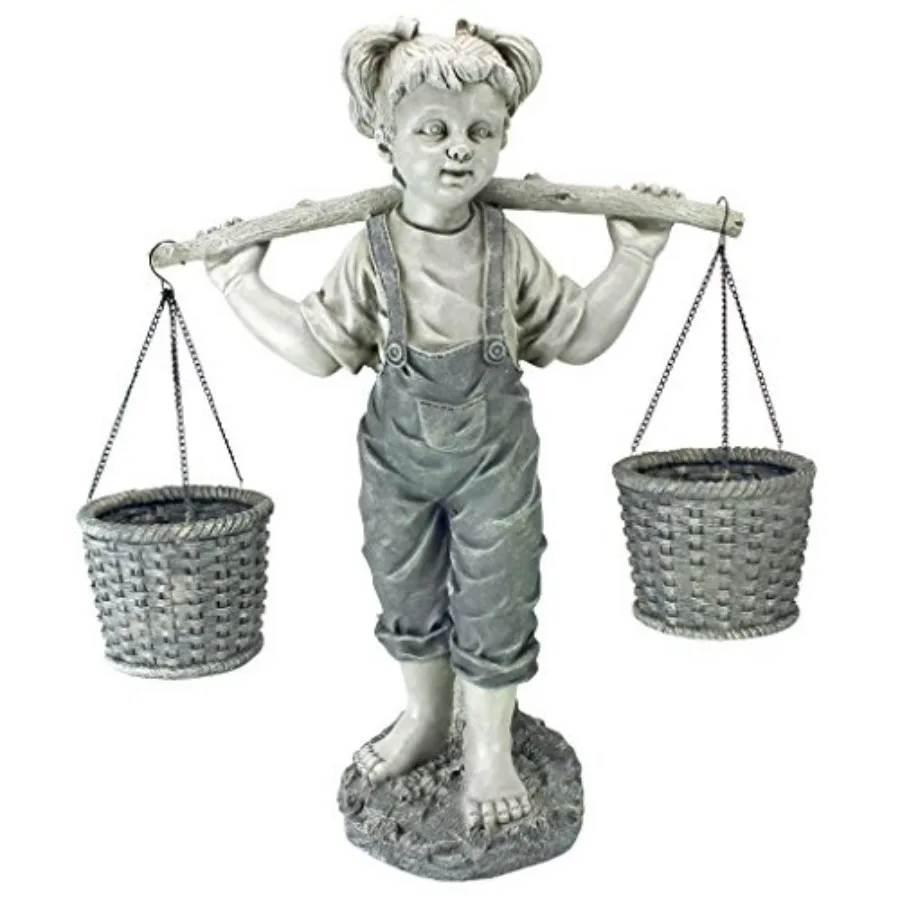 

Садовая статуэтка среднего размера с кашпо-корзинами для девочки, 25 дюймов в высоту, из литой каменной смолы, двухцветная, с дизайном в виде цветов