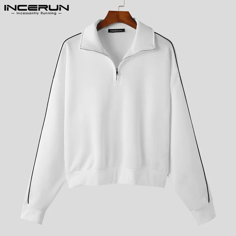 INCERUN Tops 2023 Korean Style New Mens Casual Zipper Half High Neck Design Sweater Fashion Street Solid All-match Sweater S-5XL