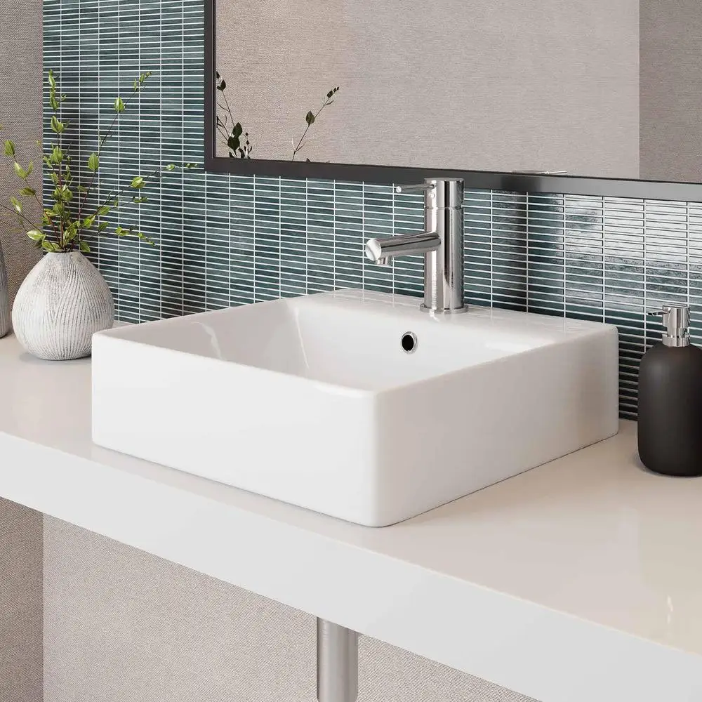 Lavabo rectangular de cerámica para baño, color blanco, encima del mostrador, diseño moderno