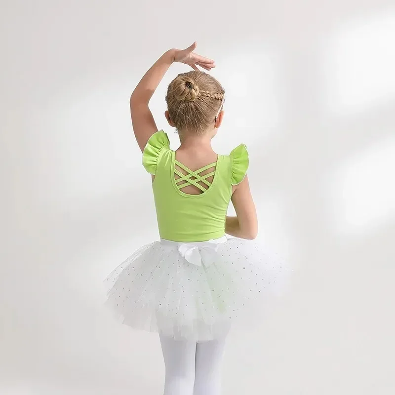Sparkle Ballet Tutu Skirt Artistic Gymnastics Mesh Girl Leotard Flutter Short Sleeve Ballerina Princess Dress Up Costume Korea
