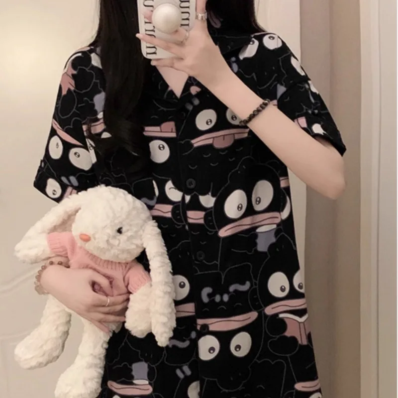 Large Size Cartoon Black Short-Sleeved Shorts Student Homewear Sets Hanton Ugly Fish Tide Cardigan Pajamas Sleepwear Loungewear