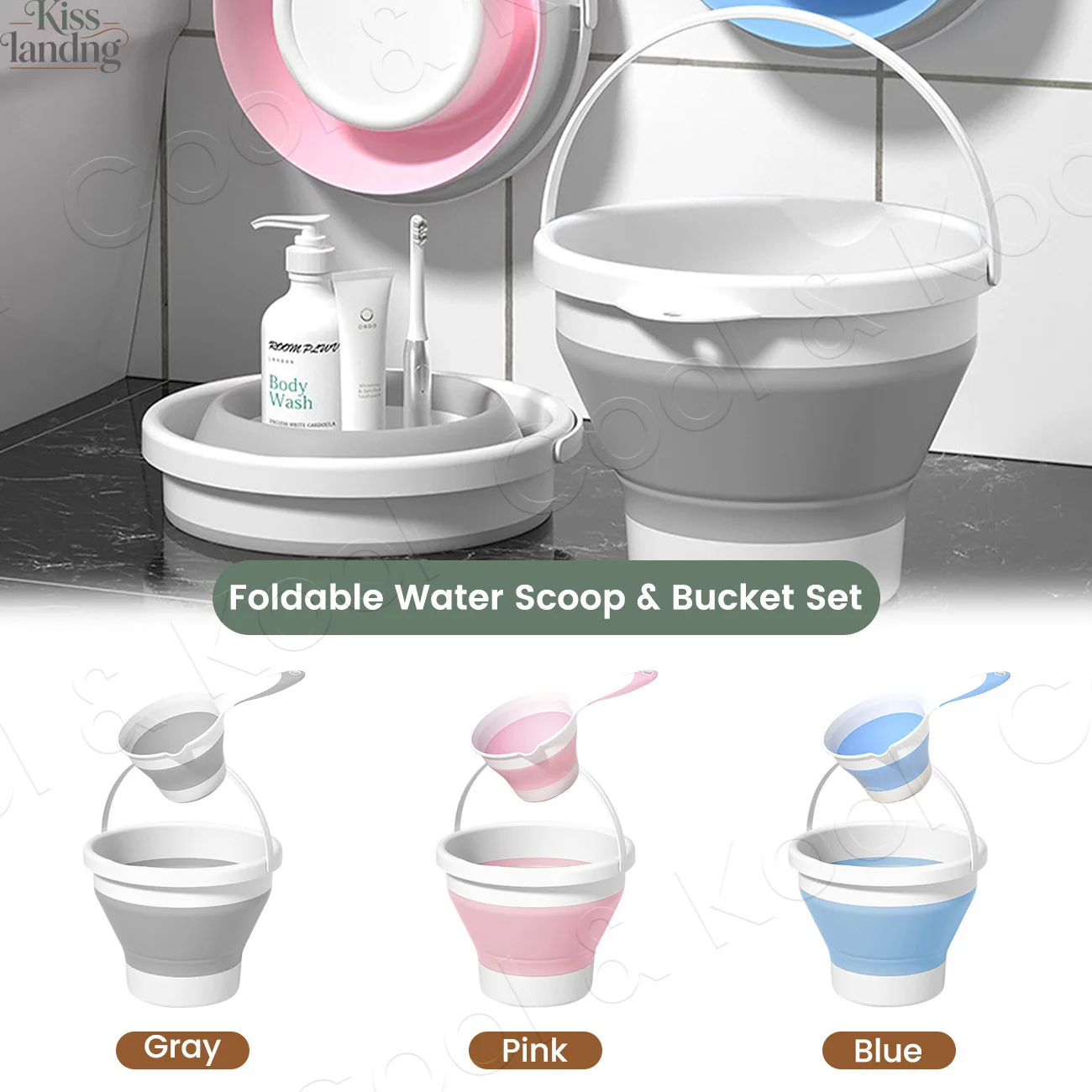 All-Purpose Collapsible Bucket Set, Silicone Foldable Pail with Spoon for Home, Bathroom, Camping & Car Care