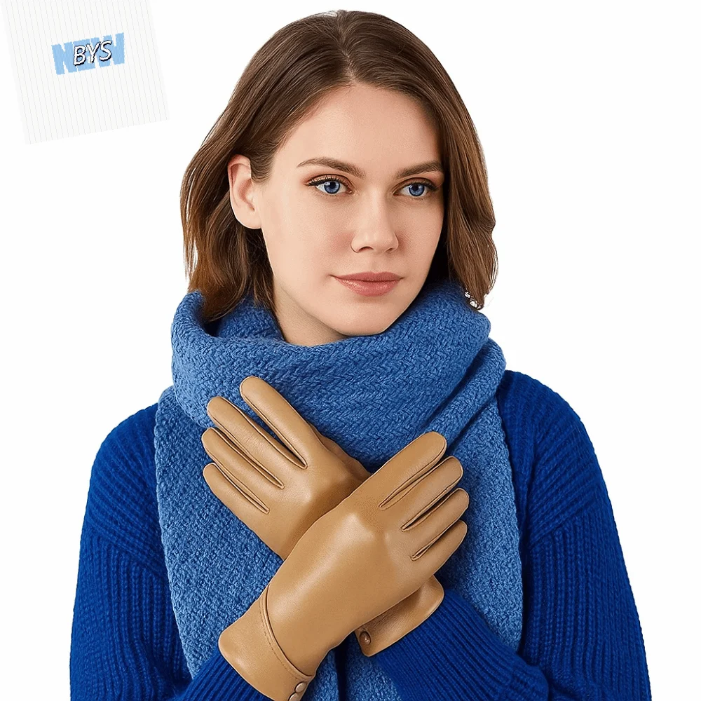 

Fashion Solid Color Full Finger Mittens PU Thickened Women Leather Gloves Button Windproof Touch Screen Gloves Ladies