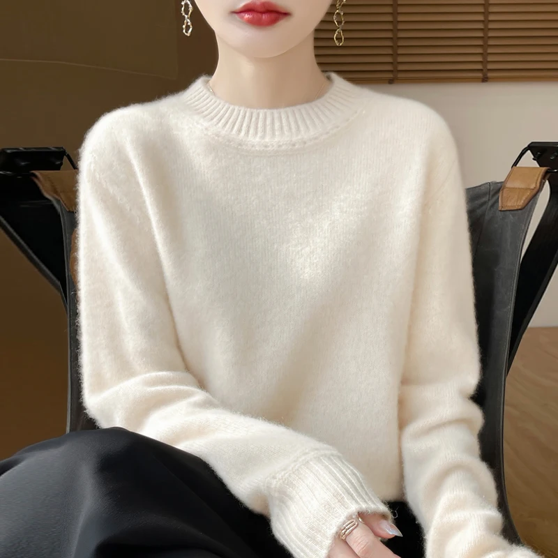 

Fall/Winter Semi-High Neck 100% Pure Wool Pullover Women Loose Joker Padded Cashmere Sweater