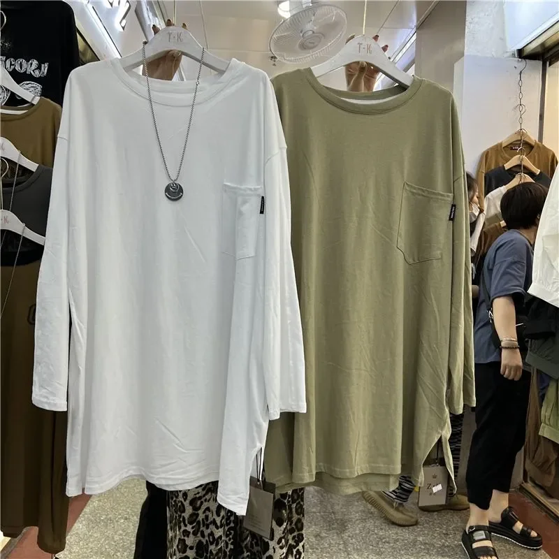 Hong Kong Style Simple Long-sleeved T-shirt for Women Korean Style Loose Solid Color Mid-length Top Bottoming Shirt