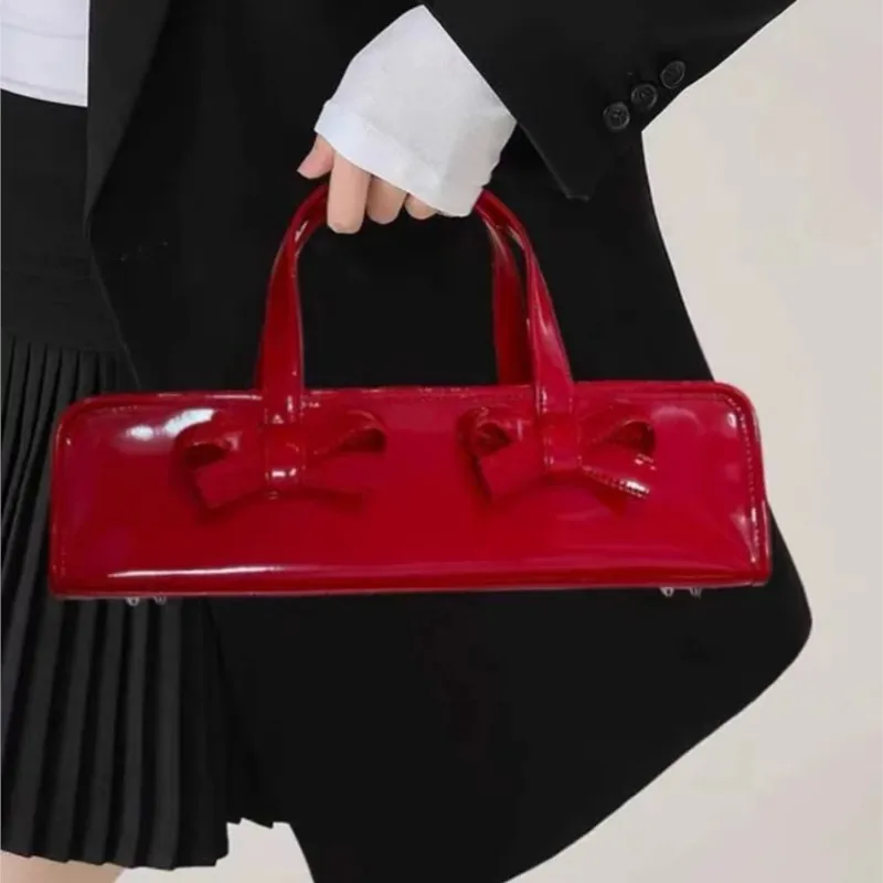 JIAERDI Retro Bow Red Y2k Hand Bag Purse Women Hot Girls Leather Zipper Shoulder Bags Ladies Fairy Core Aesthetic Underarm Bag