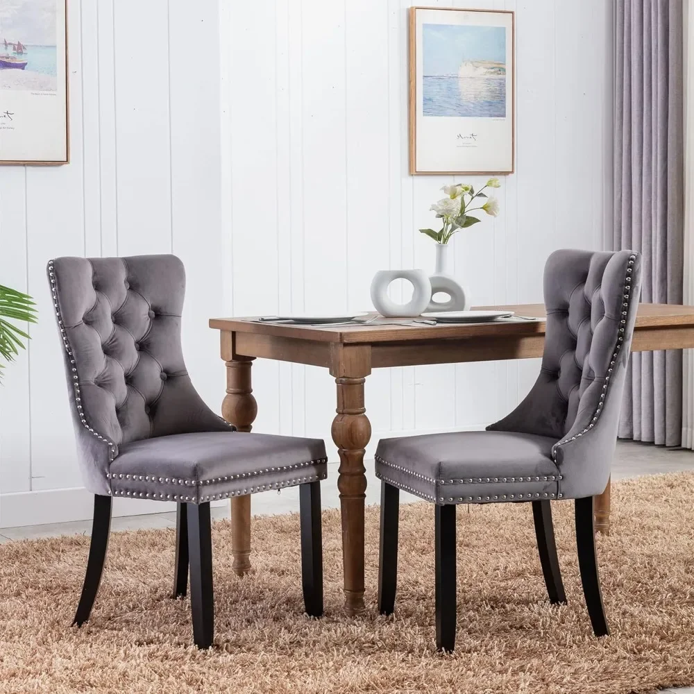 Velvet Upholstered Dining Chairs with Nailhead Back and Ring Pull Trim, Solid Wood Dining Chairs for Kitchen/Bedroom/Dining Room