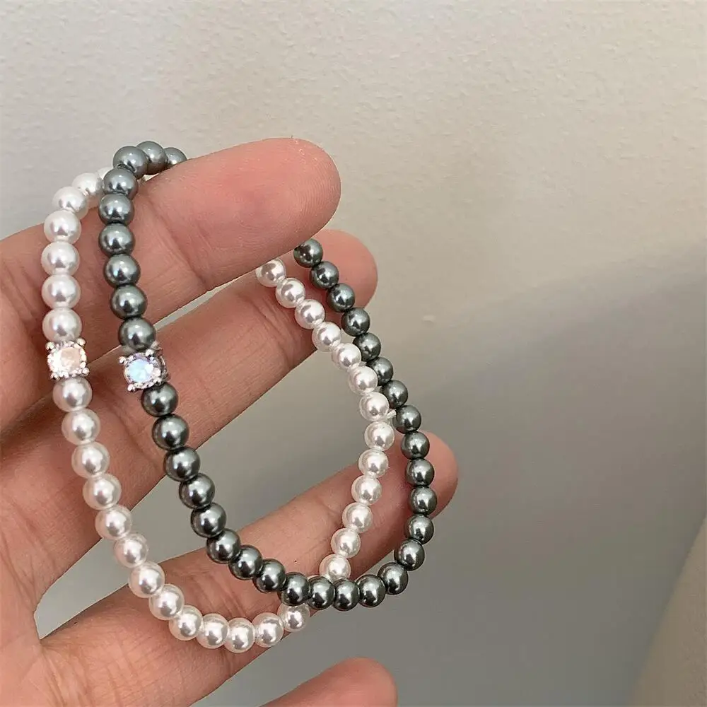 FTCY French Shiny Zircon Pearl Bracelet for Women White Gray Handmade Beaded Women's Bracelets Simple Elegant Jewelry Gifts