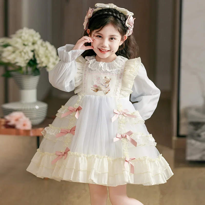 

Girls Spring and Autumn New Style Bear Embroidered Puffy Bow Lolita Princess Dress