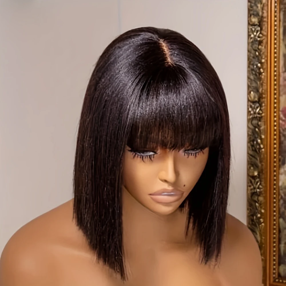 3x1 Middle Part Lace Short Bob Wig With Bangs Fringe  Straight Human Hair 100% Wigs With Bangs Straight Hair Lace Wigs