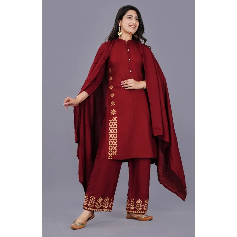 

Indian Pakistani Salwar Kameez Set Pants Kurti Dupatta Solid Pattern Women Suit