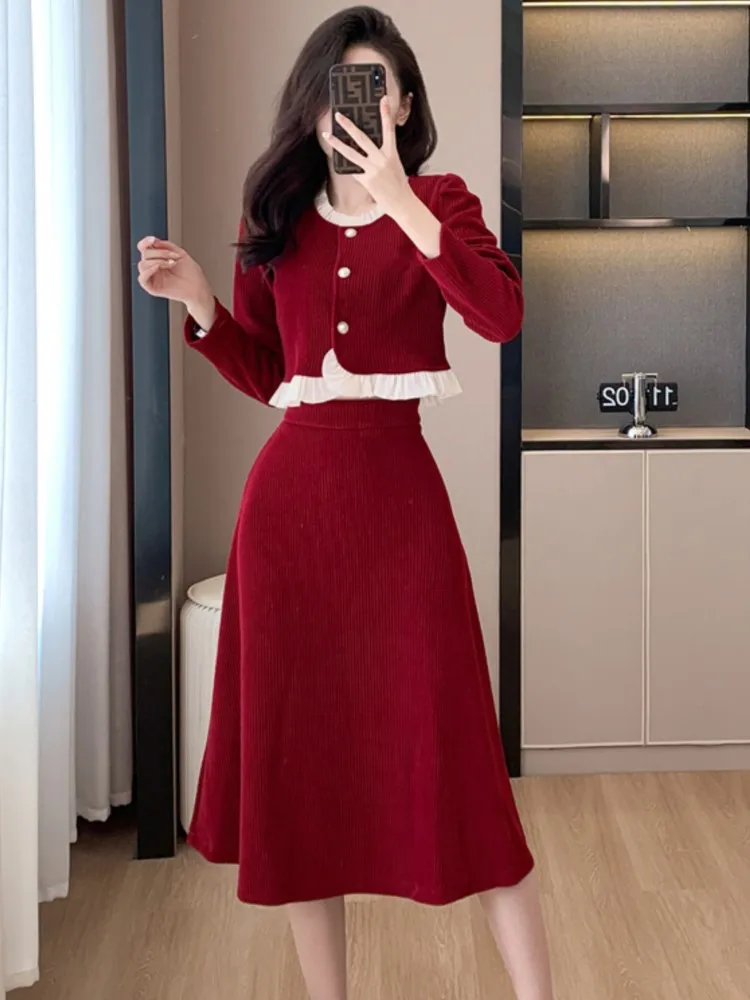 

Autumn Winter Two Piece Skirt Set Fashion Women Corduroy O Neck Ruffles Short Tops +High Waist A Line Midi Skirt Office Outfits