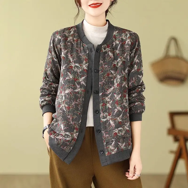 Short Ethnic Style Large Size Flower Cotton Jacket Women's Autumn Winter Loose Casual Warm Baseball Coat Retro Top Z3939