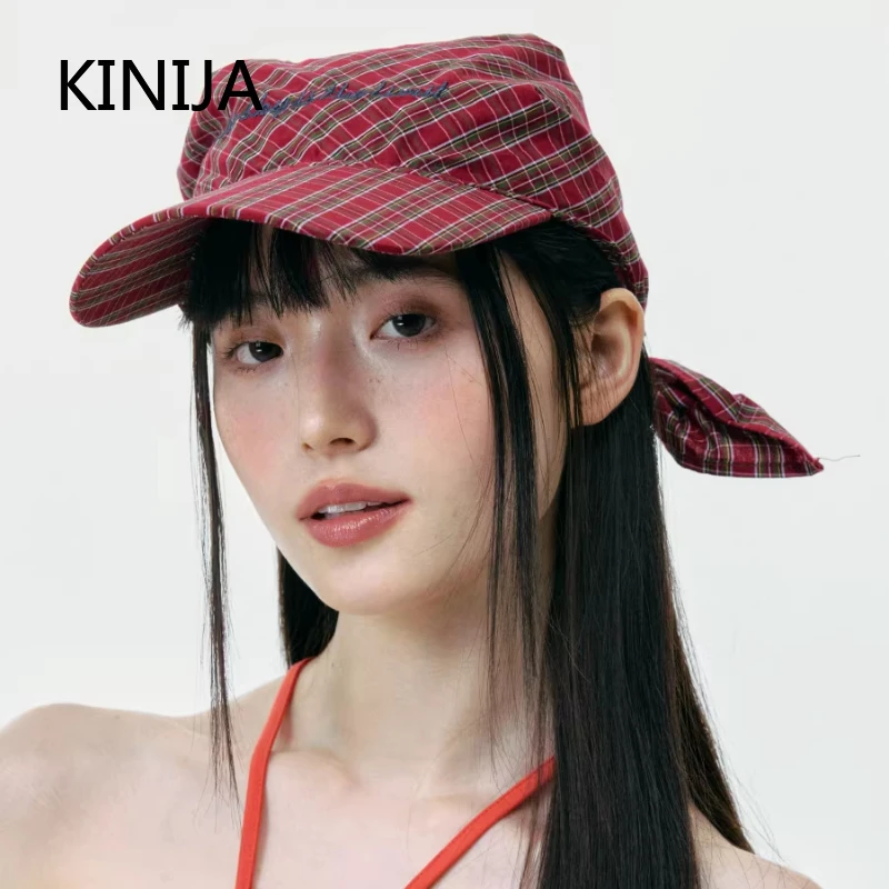 Retro Contrasting Color Plaid Fashion Sun Hats for Women Summer Outdoor Leisure Sunscreen Personalized Strap Headscarf Cap