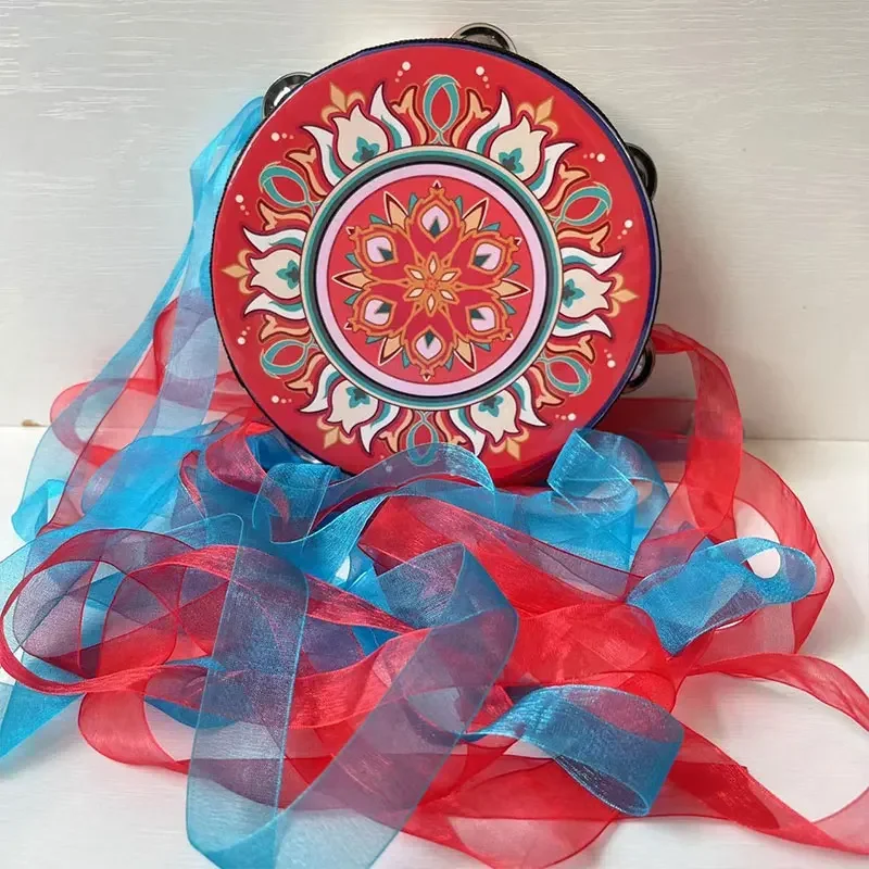 Chinese Hand Drum with Ribbon Bells Dunhuang Dance Stage Performance Decorative Tambourine Musical Instrument Photography Props