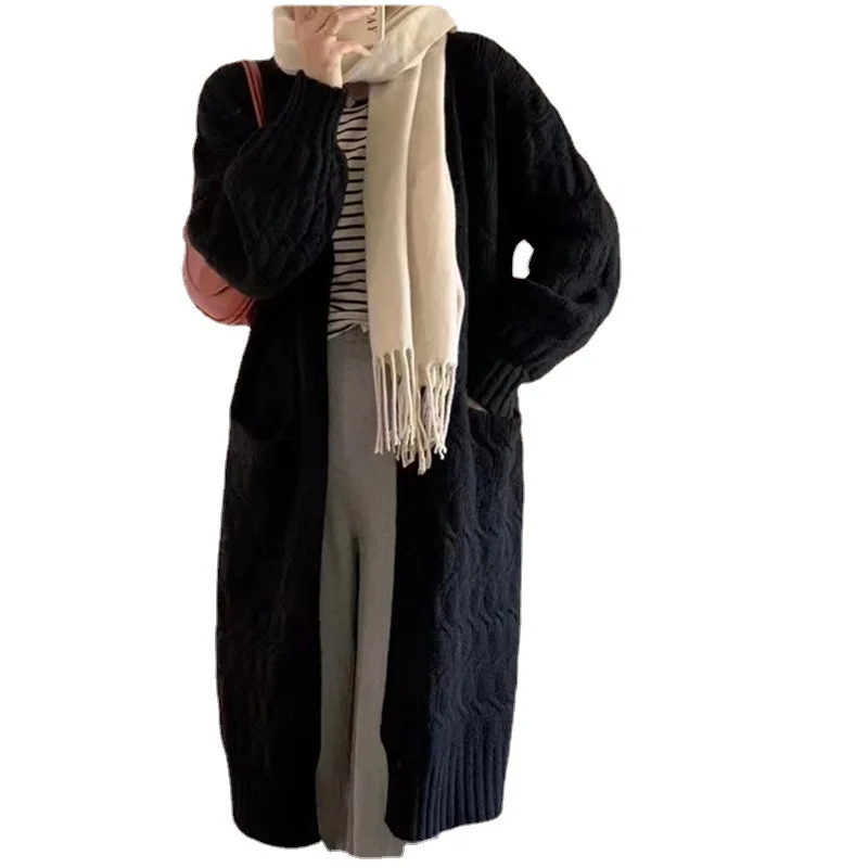 Korean Style V-Neck Cardigan for Women, Solid Color Mid-Long Lazy Knit Sweater, Soft Cozy Elegant Casual Outerwear