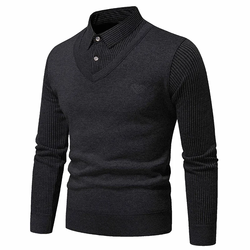 

Autumn and Winter New Men's Fake Two Piece Sweater with Fleece and Slim Fit Polo Collar Knitted Bottom Shirt Thickened and Warm