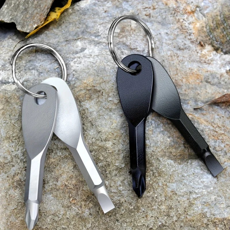 2pcs Dual Head Mini Screwdriver Keychain Portable Flat Phillips Bit Pocket Multi Tool Key Ring  Outdoor Repair Gadget for Men