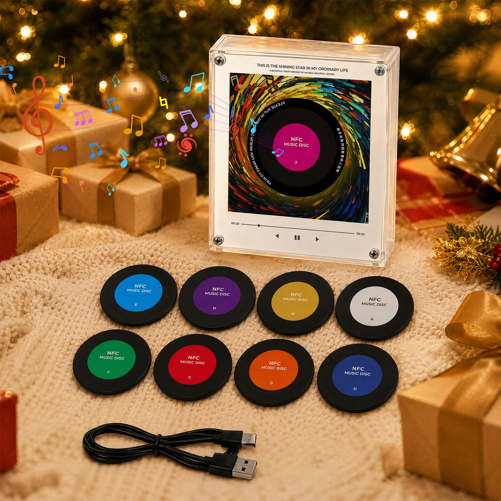 Retro Turntable Fridge Magnet Mini Vinyl Record Player NFC-compatible Rotating LED Night Light Magnetic Base 9 Records