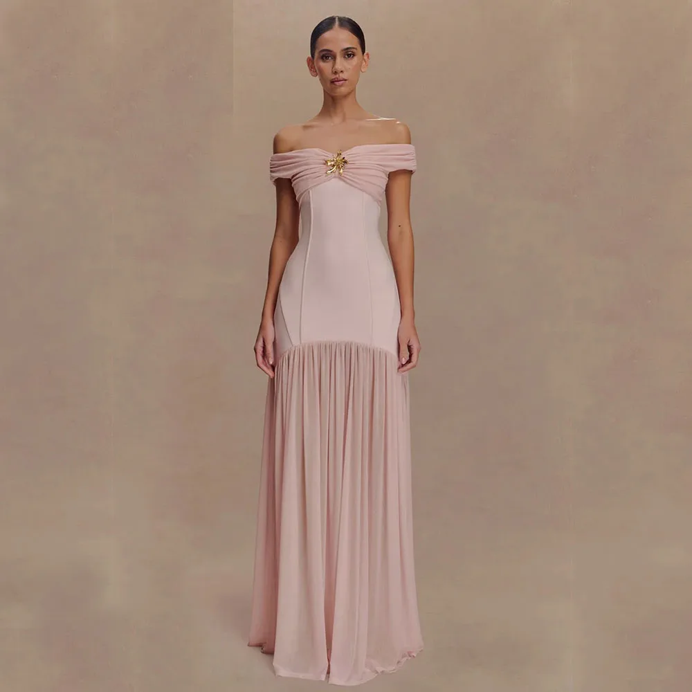 

Customized Simple Chiffon Flower Sequined Draped Pleat Straight Boat Neck Long Dresses Bespoke Occasion Dresses Fashion Elegant