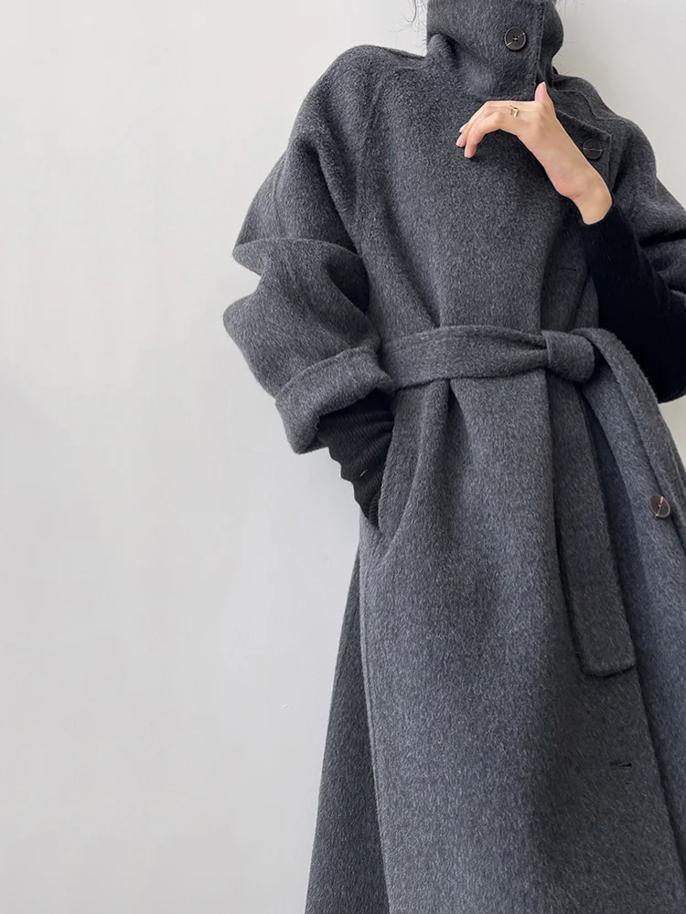 韓国スタイルスタンドカラーダブルフェイスカシミヤコート女性ルーズミディ丈ウールコート秋冬ピュアカラー通勤