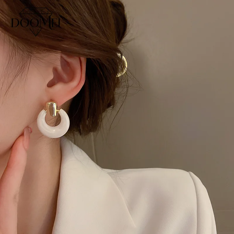DOO MEI Minimalist White Marble Resin Earrings for Women Plated Geometric drop earrrings Daily Office Dating Fashion Jewelry