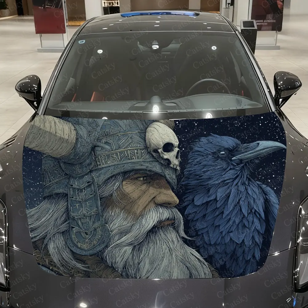 Viking Elder And Raven Car Hood Decal, Durable PVC Vinyl Wrap For Most Vehicles, Engine Cover Protective Film, Realistic Design