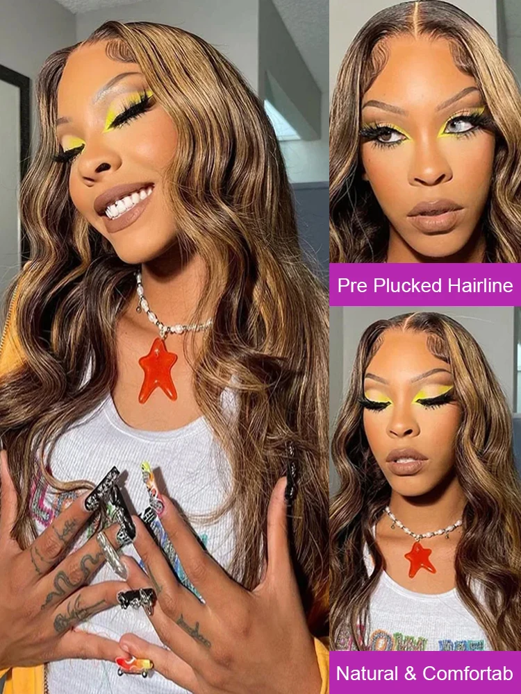 Sogreat Brazilian Body Wave Hd Lace Front Human Hair Wigs For Women 250% Density Highlight Bouncy Water Wave Wig 13X4 Transparent Lace Frontal Wigs Wet And Wavy P4/27 Brown Ombre Colored Swiss Lace Wi image 5