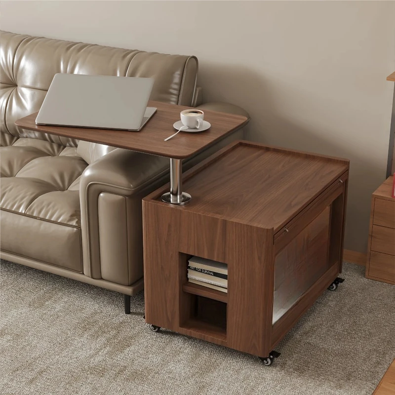 Modern retractable coffee table with height adjustable swivel design and storage wheel