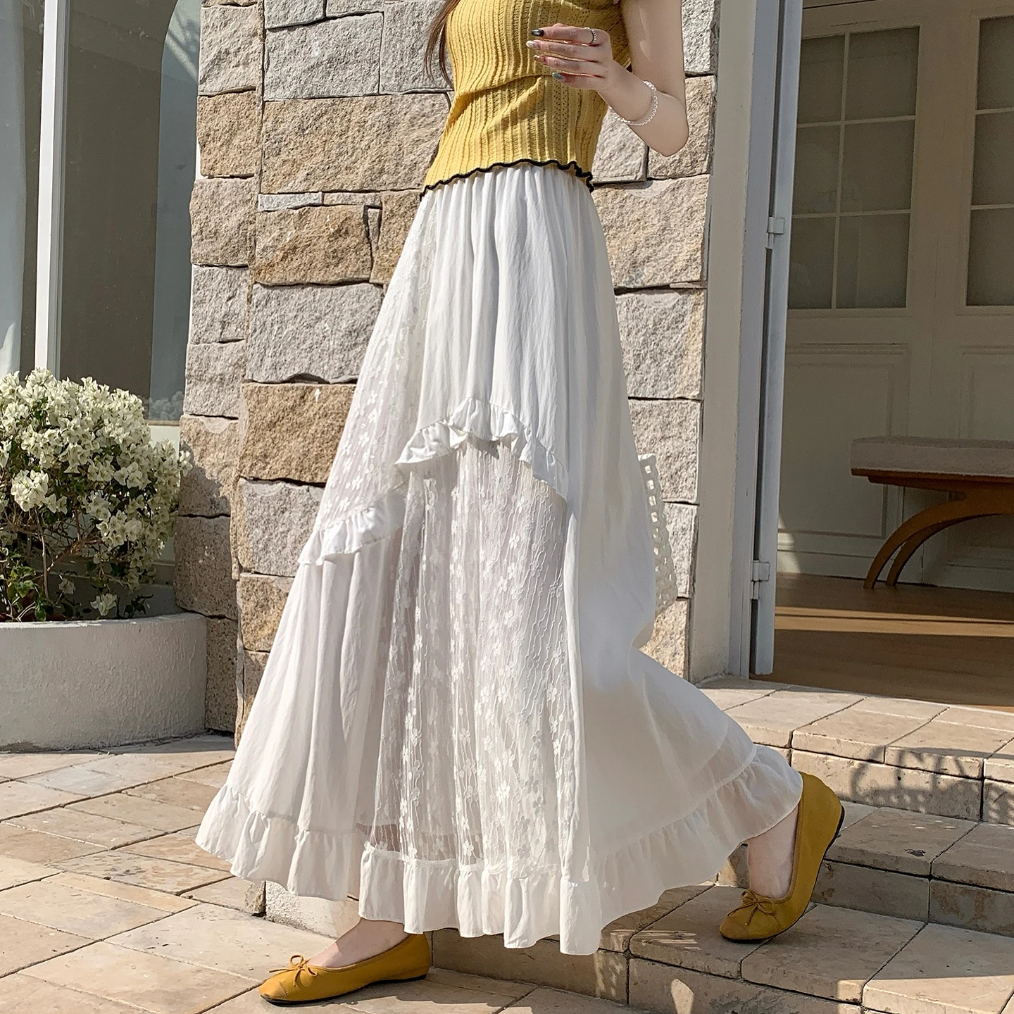 

Юбка женская с высокой талией, асимметричная, белая, с кружевной отделкой, сетчатая, плиссированная, А-силуэт, длинная, украшенная сборками