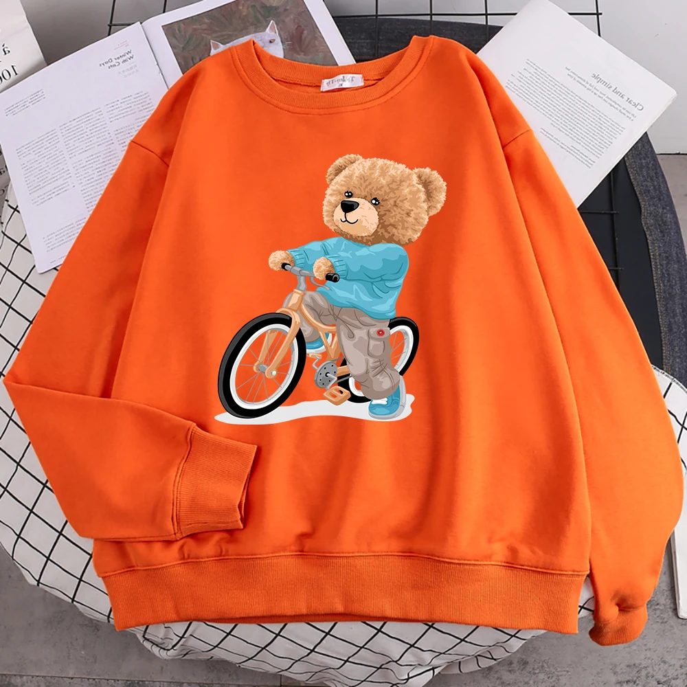 Autumn Woman Pullover A Teddy Bear Wearing A Sweater And Riding A Bicycle Print Hoody Fleece Soft Sweatshirt Loose Warm Tops