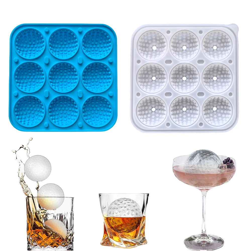 9-cavity golf ball with lid ice hockey silicone mold, 3D circular ice cubes suitable for cooling whiskey and cocktail drinks