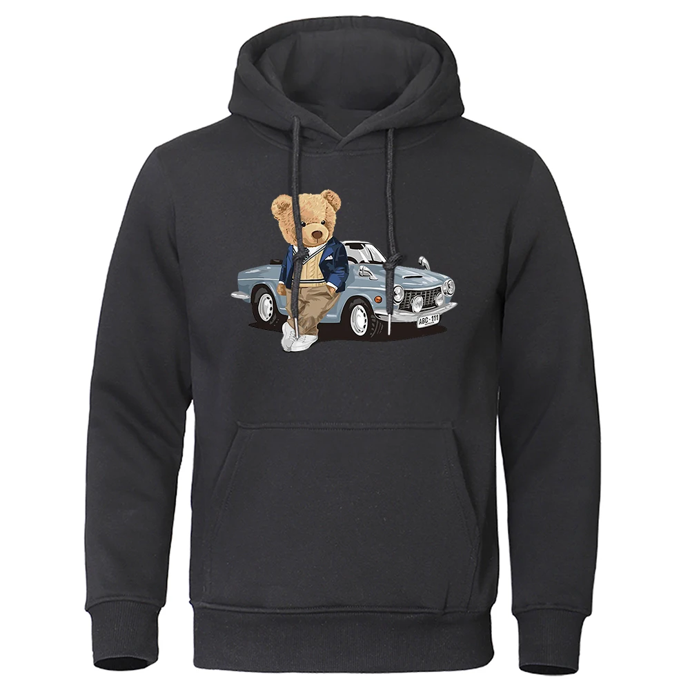 Gentleman Ted bear In A Vintage Sports Car Mens Hoodies Hip Hop Street Pullover O-Neck Fashion Hoody Cartoons Loose Sweatshirt