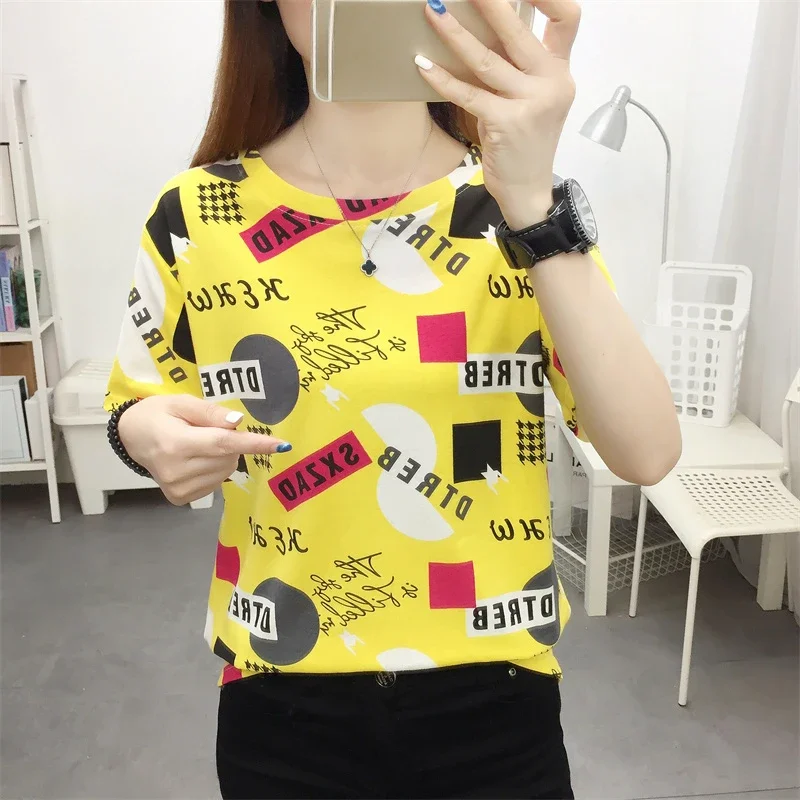 summer letter print Pullover Tees korean Women Casual loose Short Sleeve T-Shirts top Female Streetwear t shirt Lady yellow Tops