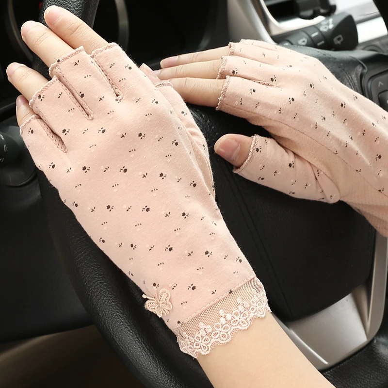 

Summer Sunscreen Gloves Woman Half Finger Fingerless Pure Cotton Short Drive Non-Slip Defense Mittens