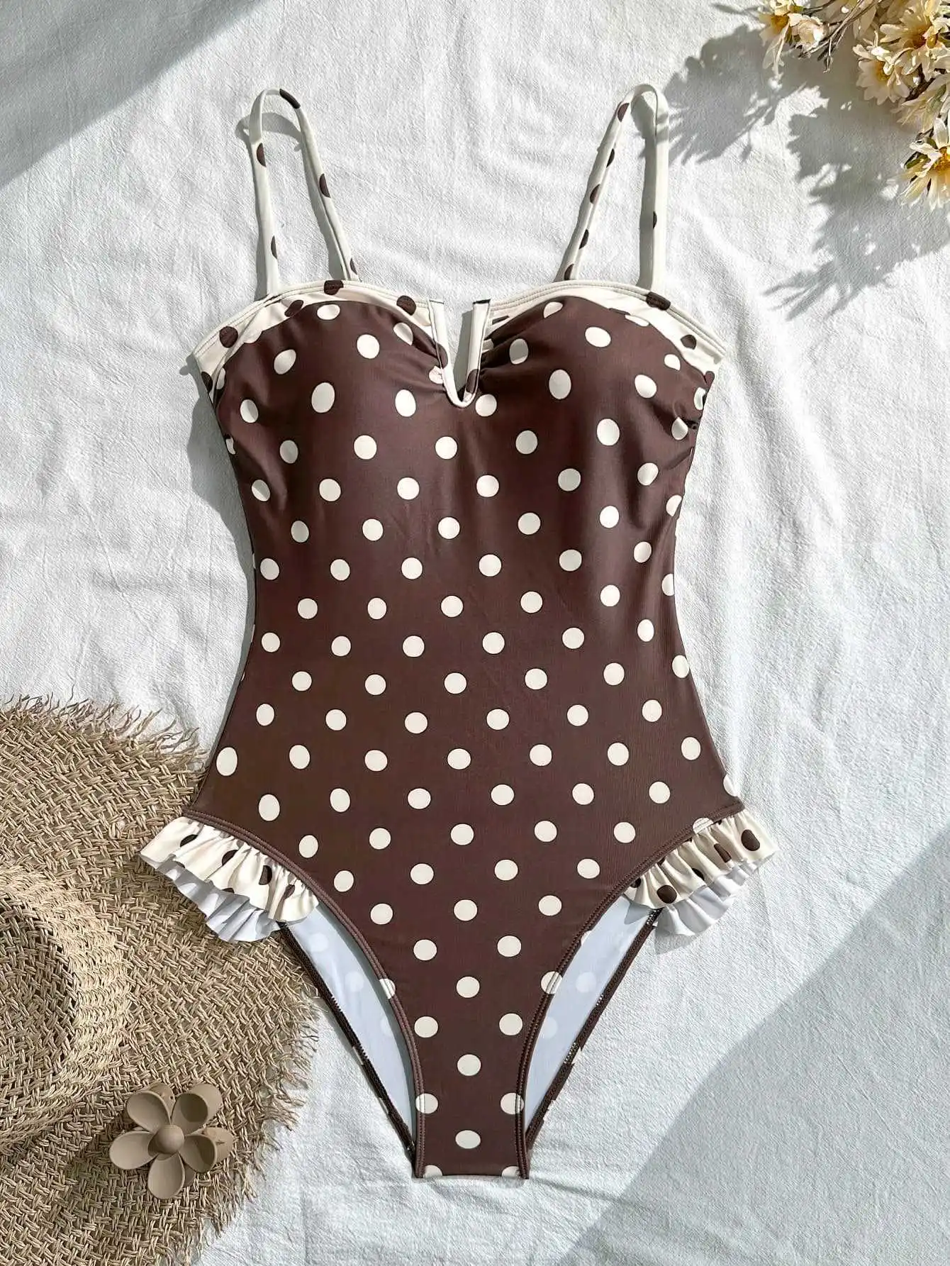 Women Polka Dot One Piece Suits Swimsuit Cream Contrast Trim V Notch Neck Ruffle Frill Hem Spaghetti Strap High Cut Bodysuit