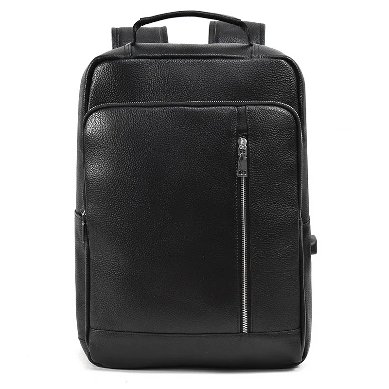 

Genuine Leather Black Backpack Men's Business Laptop Shoulder Bag USB Casual Daypack 15-inch Cowhide