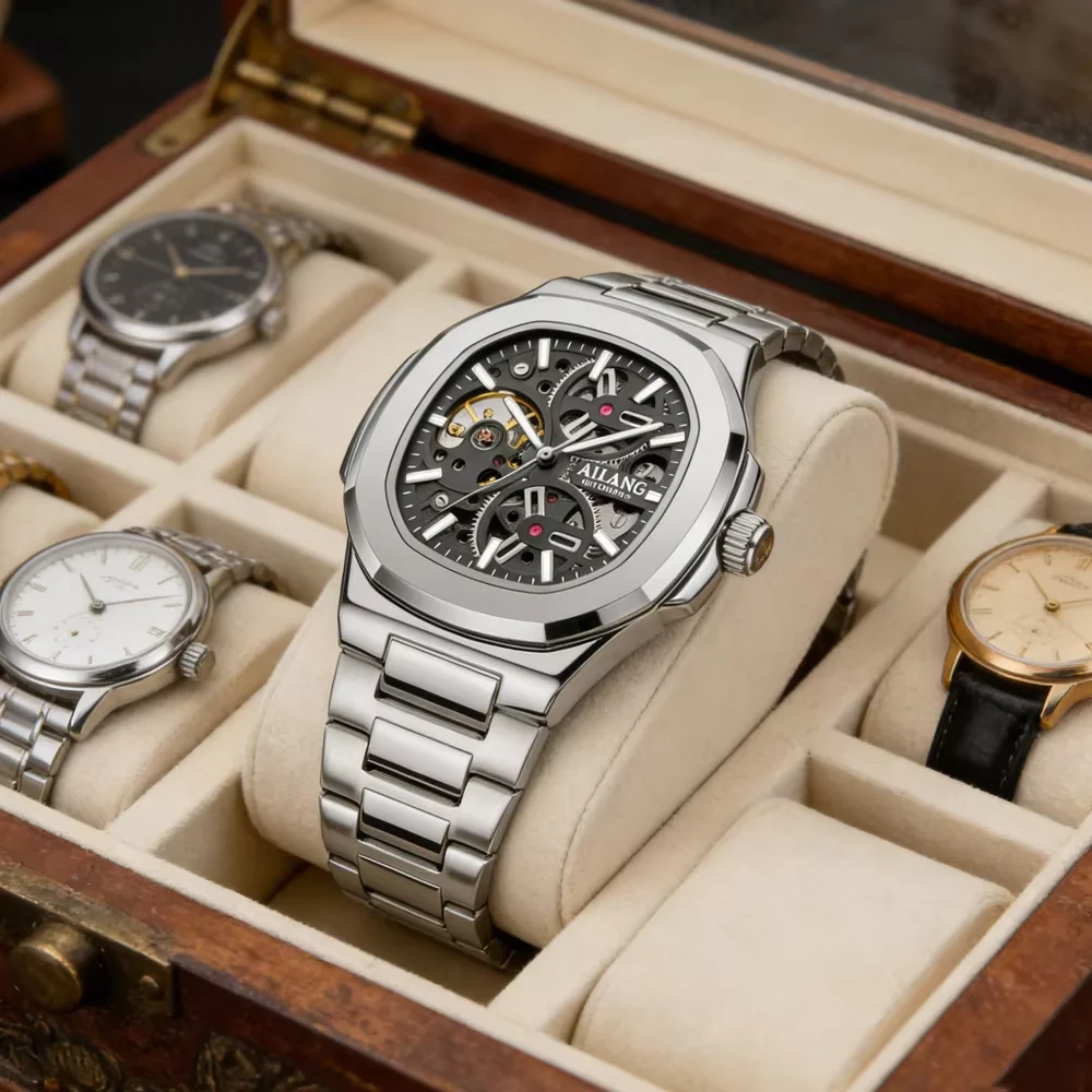 New AILANG Brand Fashion Automatic Mechanical Watches Steampunk Skeleton Steel Waterproof Luminous Tourbillo Square Watches