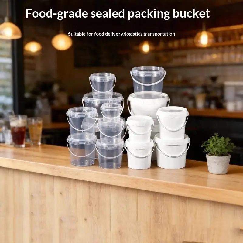 Transparent Plastic Bucket With Lid Handle Reusable Leakproof: 1Pc Snack Juice Fruit Tea Storage