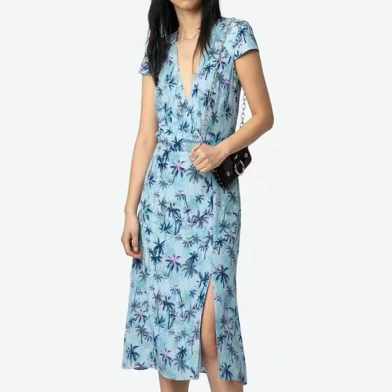 

Summer 2026 New Palm Tree Printed Women's Dress, V-neck Short Sleeve Split Skirt, Leisure Resort Beach Sun Skirt, Elegant Tropic
