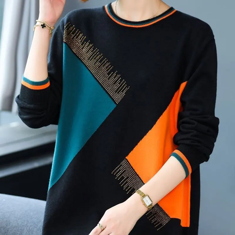 Female Clothing Casual Geometric Spliced Jumpers Autumn Winter O-Neck Korean Loose Basic Fashion Diamonds Knitted Midi Sweaters