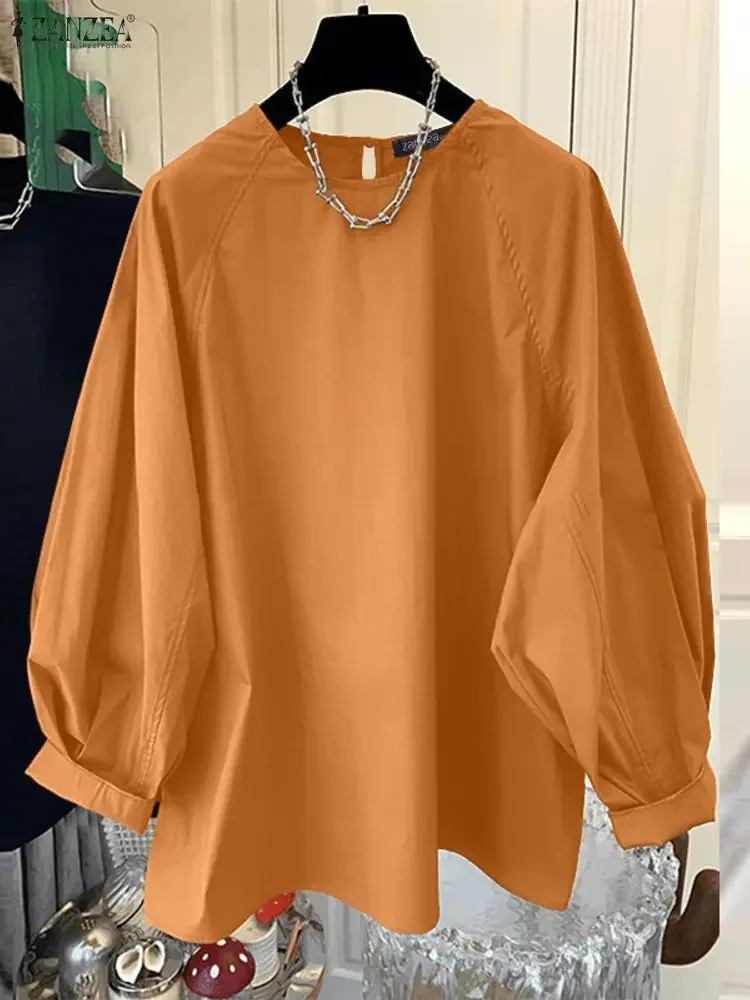 بلوزة خريفية من ZANZEA بأكمام طويلة على الطراز الكوري بلوزات نسائية بلون سادة موضة 2025 بلوفر برقبة دائرية سترة غير رسمية #1