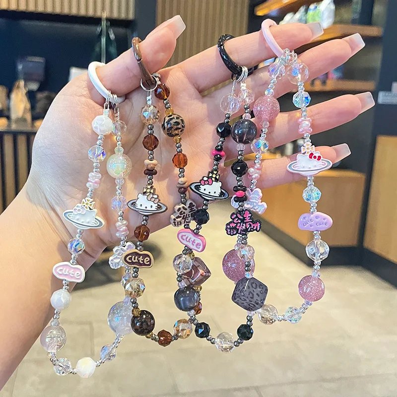 산리오 만화 헬로키티 비즈 체인 애니메이션 폰 체인 귀여운 백팩 펜던트 귀여운 키체인 모바일 케이스 액세서리 선물