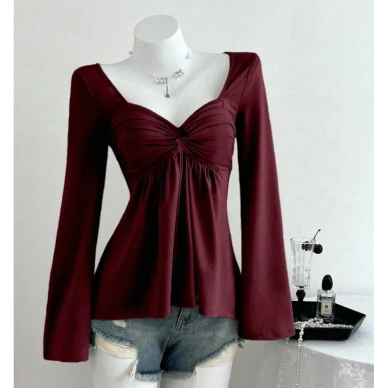 

Женские топы с v-образным вырезом, весенне-осенняя модная темпераментная футболка с витой грудью, повседневный женский пуловер с длинными рукавами