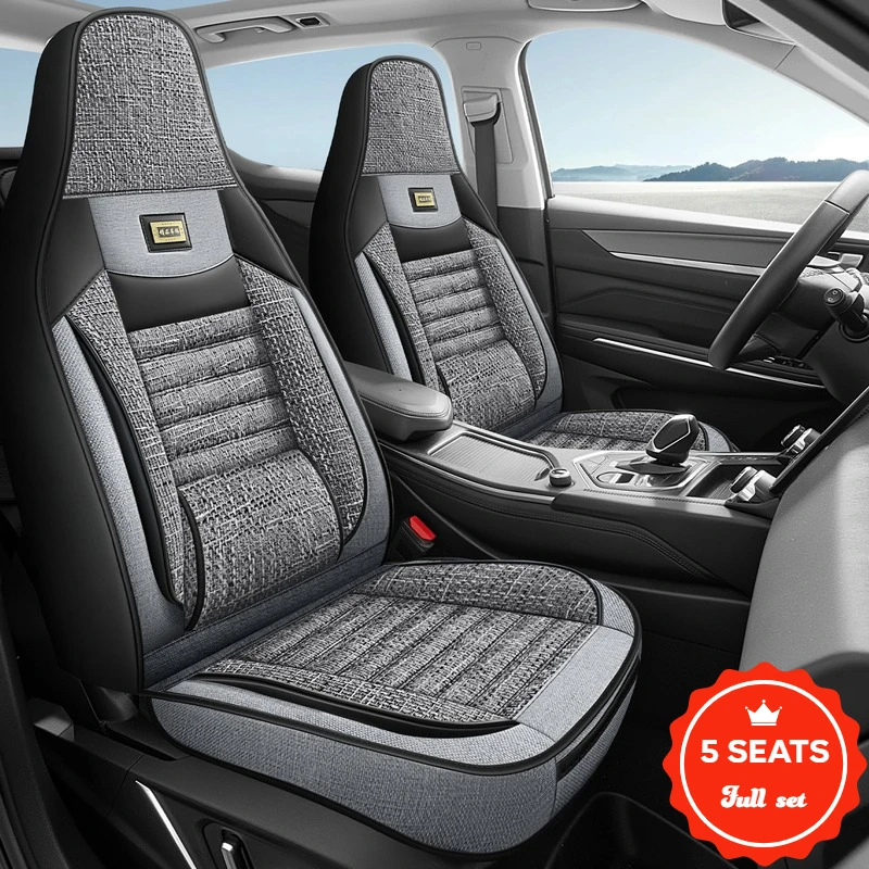 5-Seater Complete Set of Integrated Car Seat Covers, Universal Full Set of Seat Covers, High-End Luxury Upgraded Comfort with Fixed Lumbar Support Design, Fully Enclosed Linen One-Piece Car Seat Covers, Suitable for All Seasons, Wear-Resistant, Durable, Easy to Care For, Suitable for One-Piece Car Seat Covers, Perfectly Compatible with Byd/Tesla/Ev Cars and Other Integrated Seats