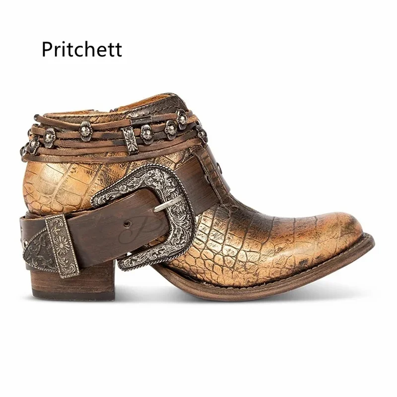 Belt Buckle Gingham Gold Ankle Boots for Women Vintage Rivet Side Zipper Chunky Heels Short Booties Women's Western Boots