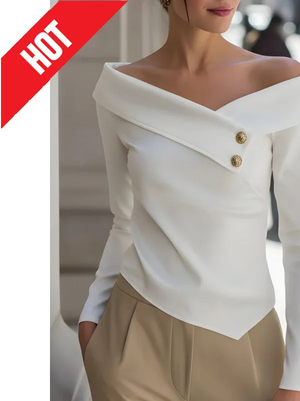 

Женская блузка с открытыми плечами и длинным рукавом, весна 2026, для повседневной носки, модная, кросс-бордерная, повседневная, шикарная, базовая, верхняя одежда